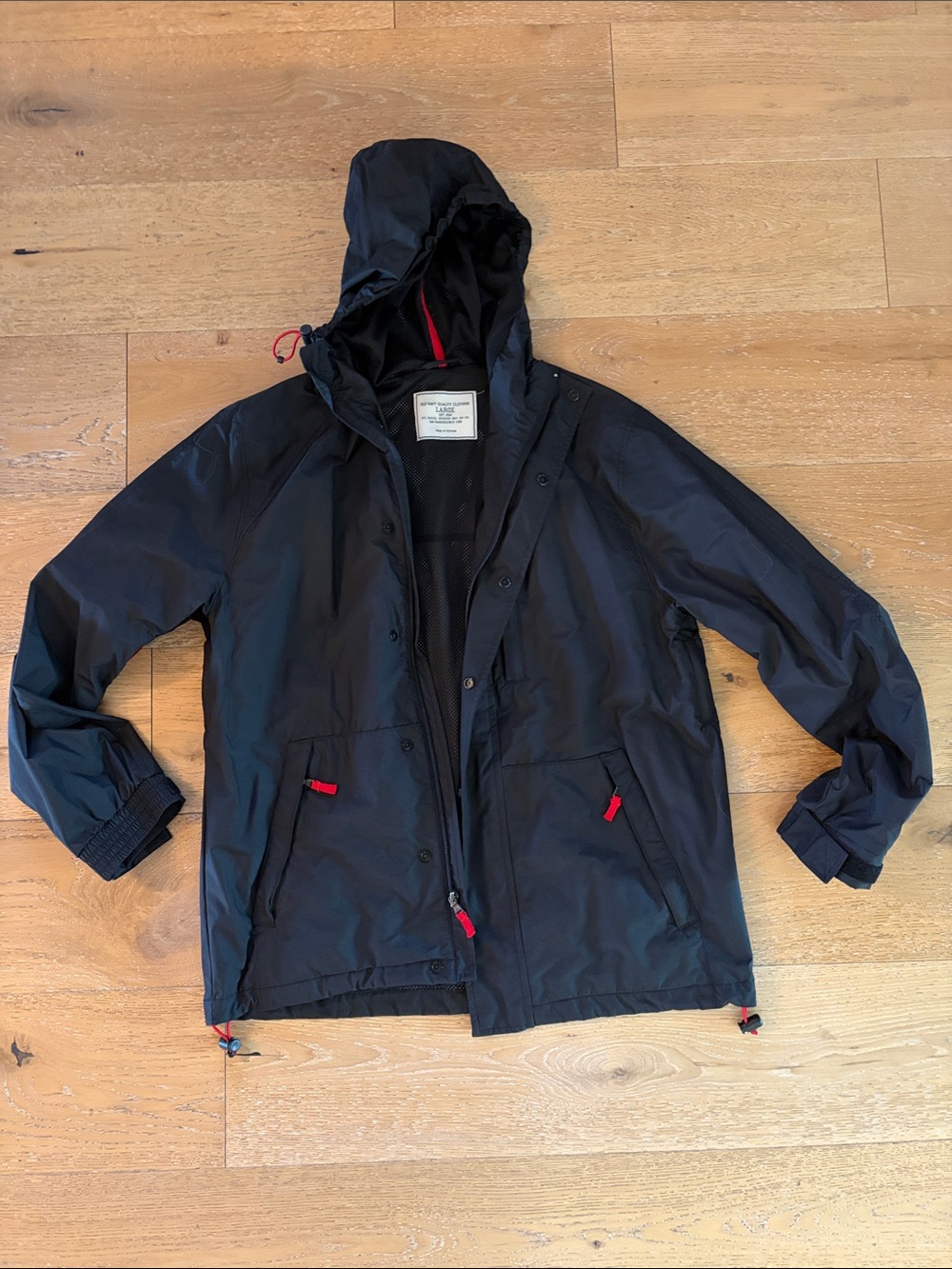 Old Navy Black Hooded Raincoat with Red Accents